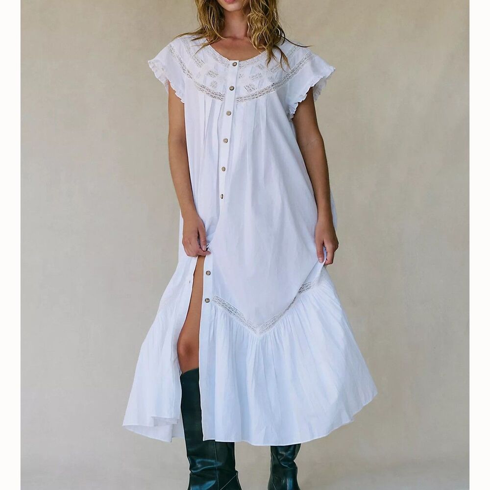 Free People Free-Est Aster Midi Dress Lace Ruffle Short Sleeves Cotton XS 291552